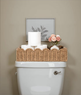 CubesLand neutral farmhouse bathroom decor with scalloped baskets.