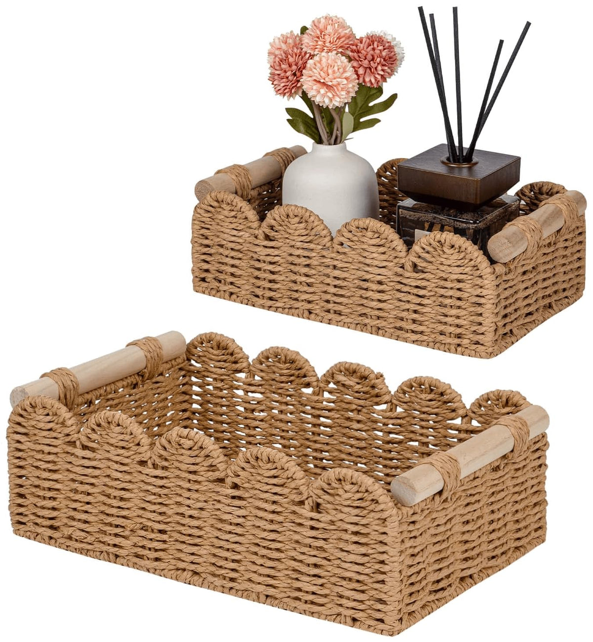 Cubeland scalloped edge medium basket for over-toilet storage keeps extra rolls neatly organized.
