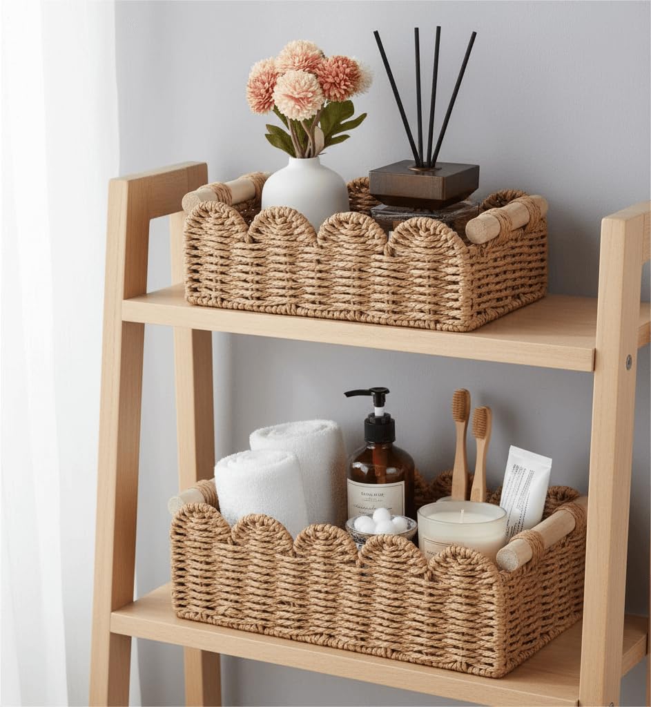 Cubeland small scalloped basket ideal for vanity items and bathroom essentials.