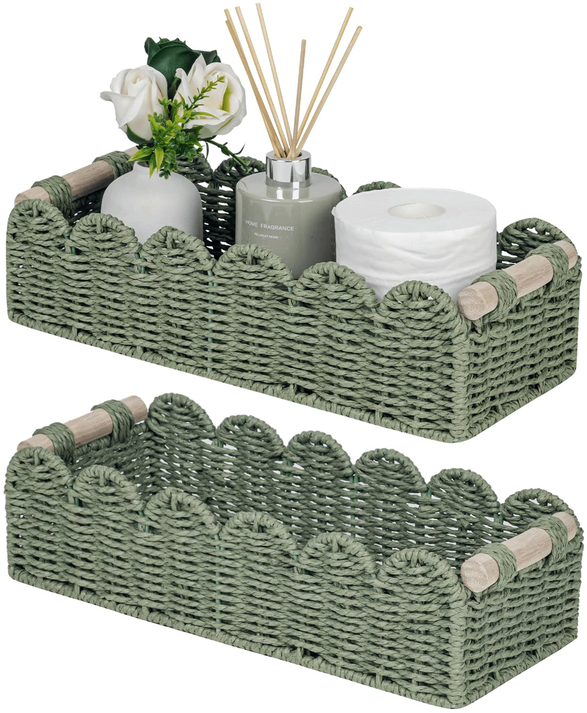 CubesLand bathroom basket with scalloped edge enhances organized storage on countertops.