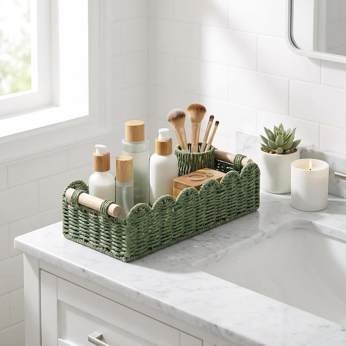 CubesLand decorative countertop basket with scalloped design adds charm to any space.