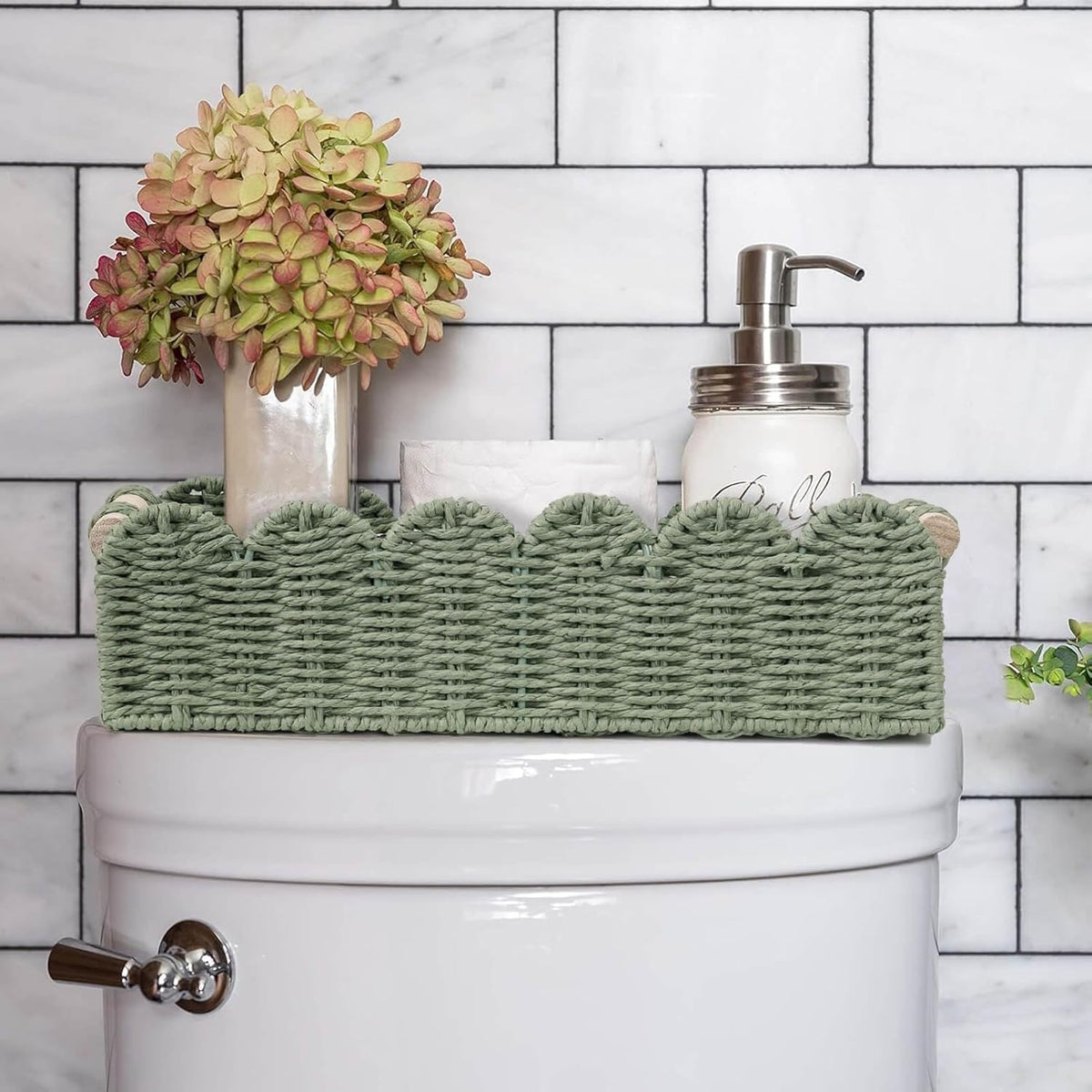 CubesLand woven paper rope basket with wood handles offers portable organization.