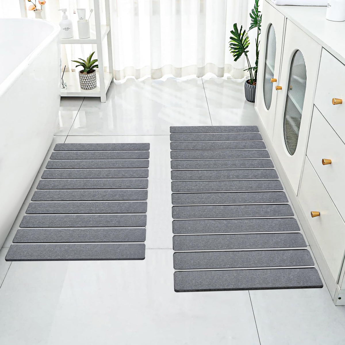 Cuckan bath mat with quick-dry absorption keeps bathroom floors dry.
