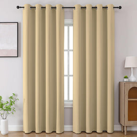 CUCRAF beige blackout curtains left panel for room-darkening and privacy.