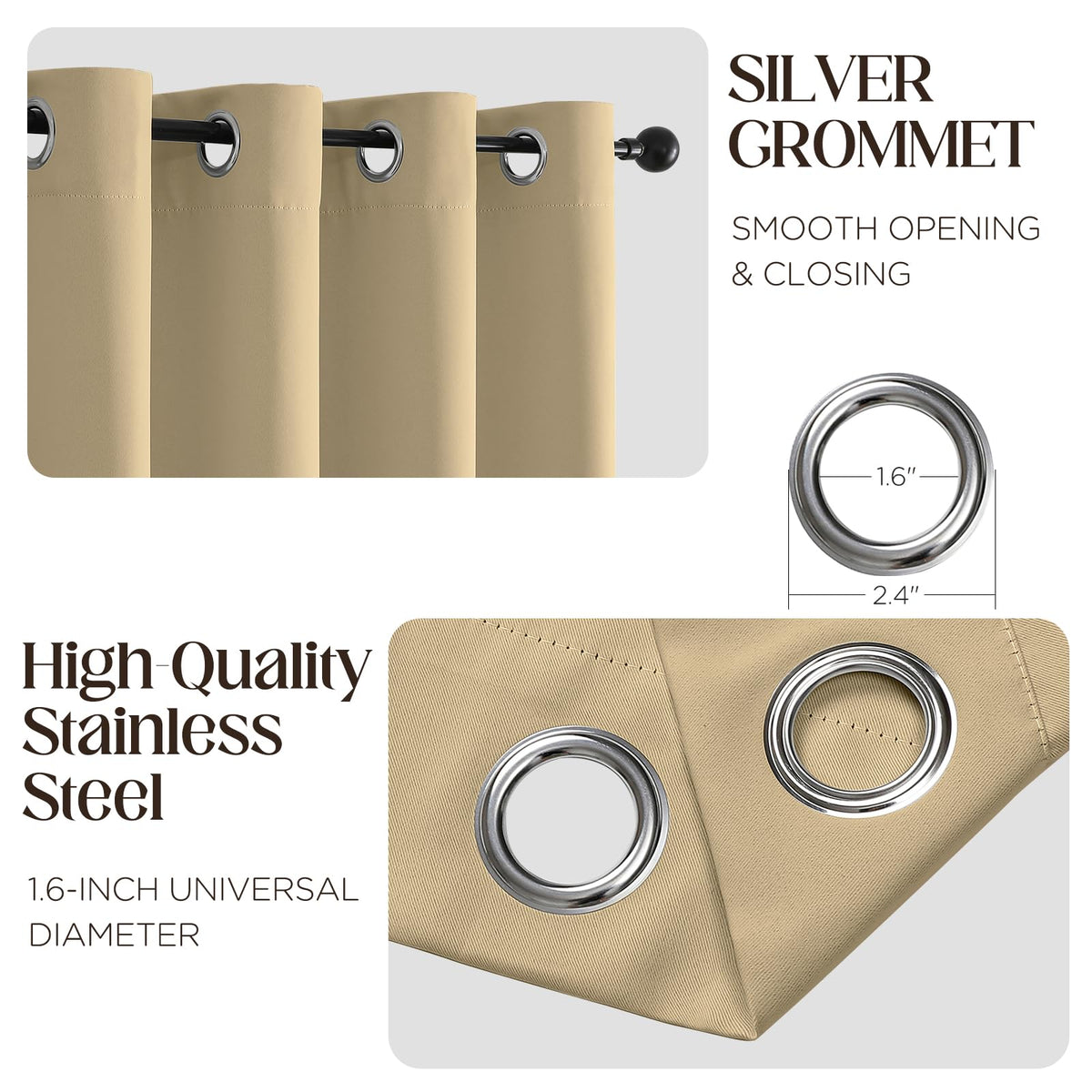 CUCRAF beige blackout curtains right panel enabling deeper sleep.