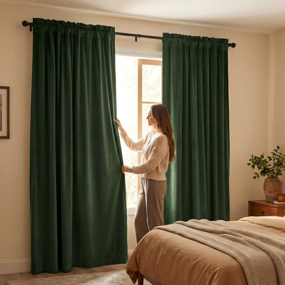 CUCRAF dark olive green velvet curtains fabric closeup showing luxurious texture and depth