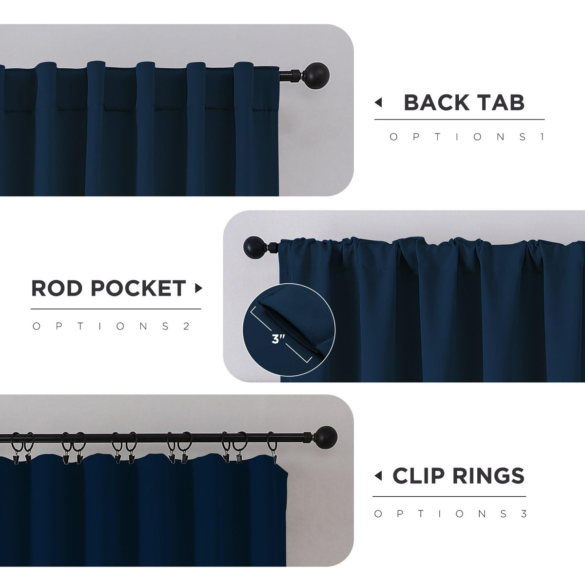 CUCRAF navy blue blackout curtains on a window with rod-pocket and back-tab hanging.