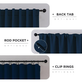 CUCRAF navy blue blackout curtains on a window with rod-pocket and back-tab hanging.