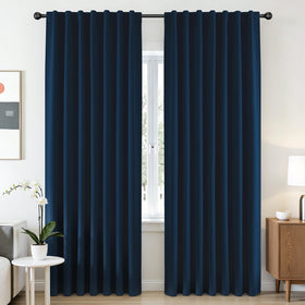 CUCRAF navy blue blackout curtains, two-panel set framing the window for privacy.