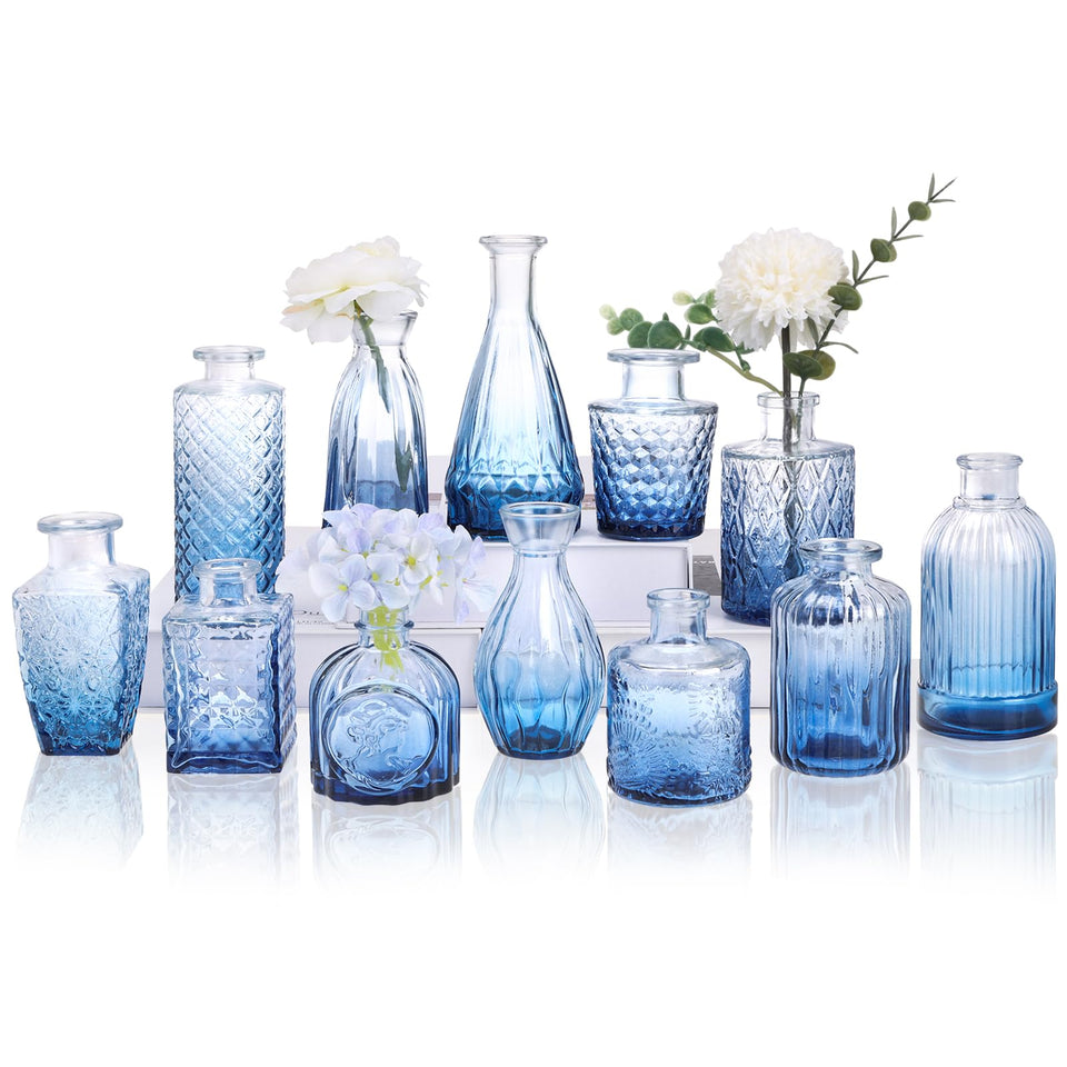 CUCUMI 12-pack blue glass bud vases set for elegant centerpieces