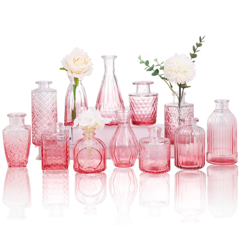 CUCUMI 12-pack pink glass bud vases in assorted shapes for centerpieces