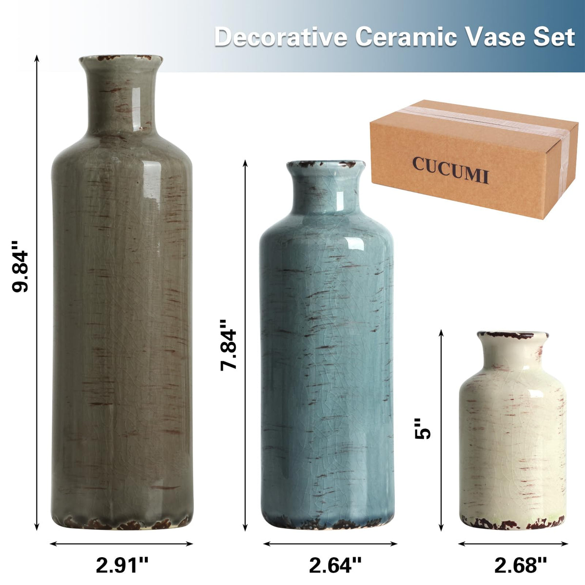 CUCUMI crackled distressed vases trio adding farmhouse charm to shelves.