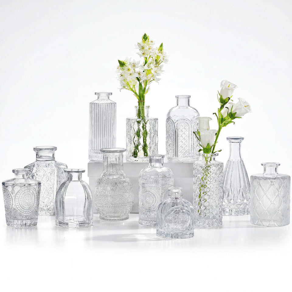 CUCUMI glass bud vase with etched patterns adds elegant wedding centerpiece decor