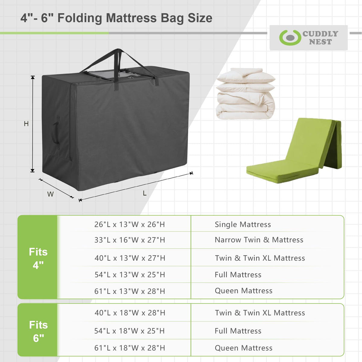 Cuddly Nest dimension 61l-18w-28h shows generous capacity for various mattresses.