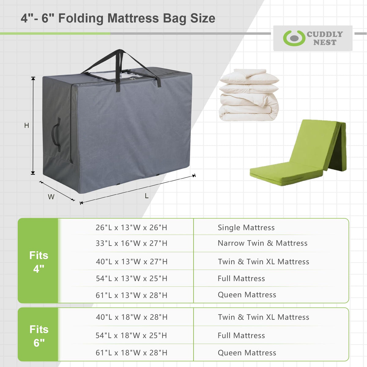 Cuddly Nest heavy-duty Oxford fabric protects mattress during storage.