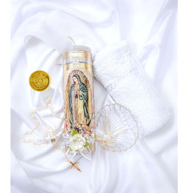 Cuitaxi Virgen de Guadalupe candle with premium golden cover for sacred ceremonies.