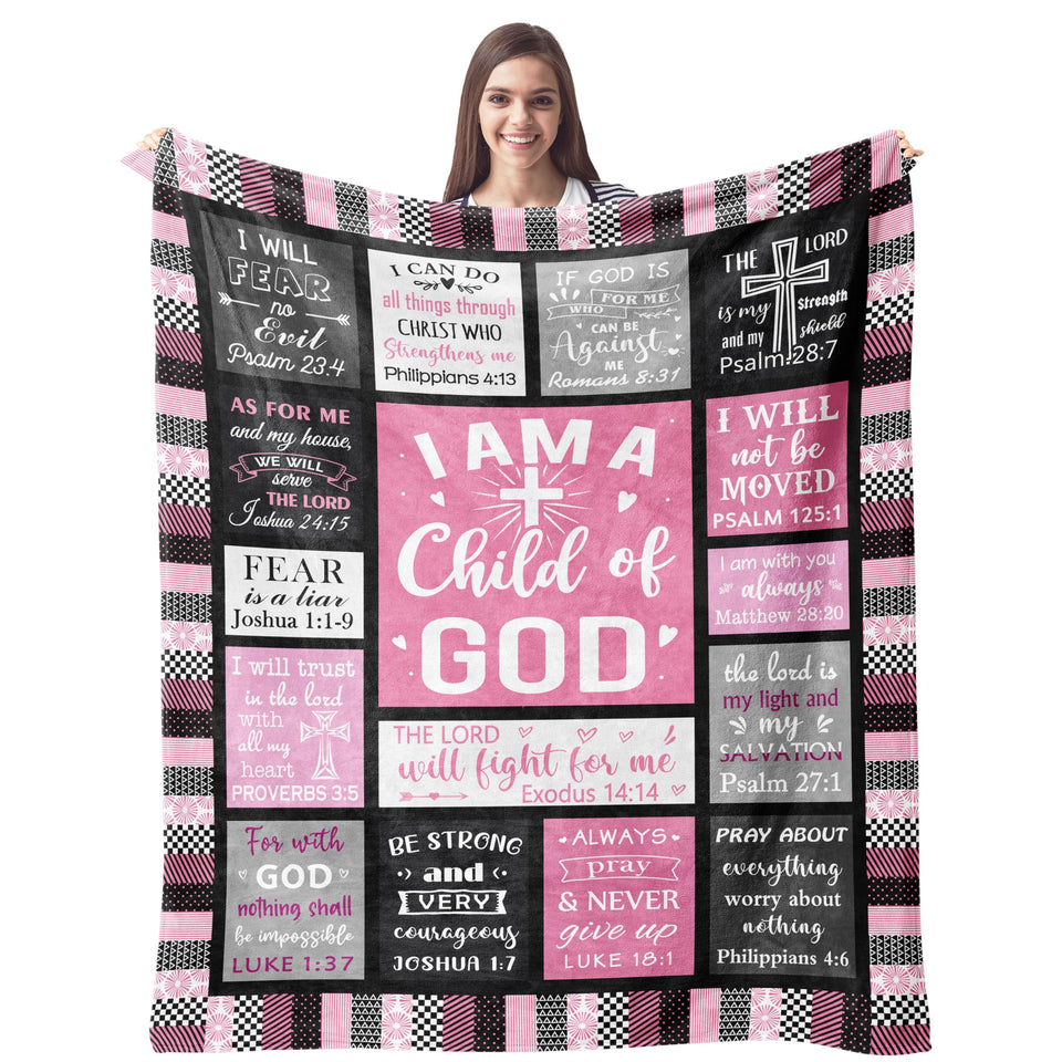 CUJUYO I Am a Child of God blanket on a sofa, cozy family moment.
