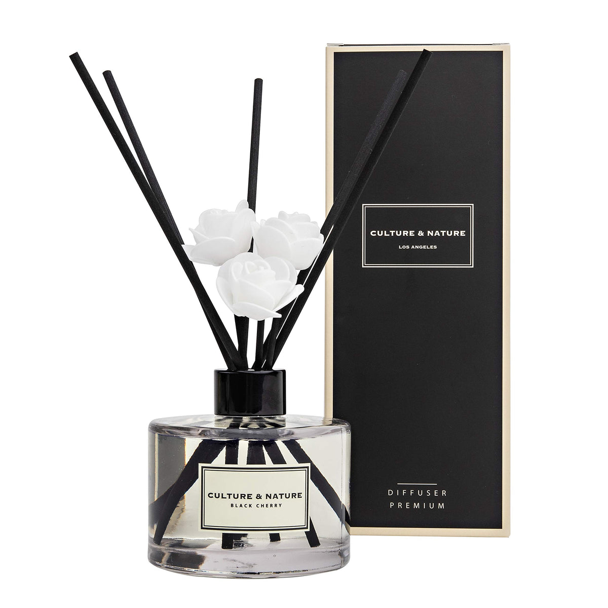 Culture & Nature reed diffuser bottle in black cherry scent adds lasting fragrance to any room.