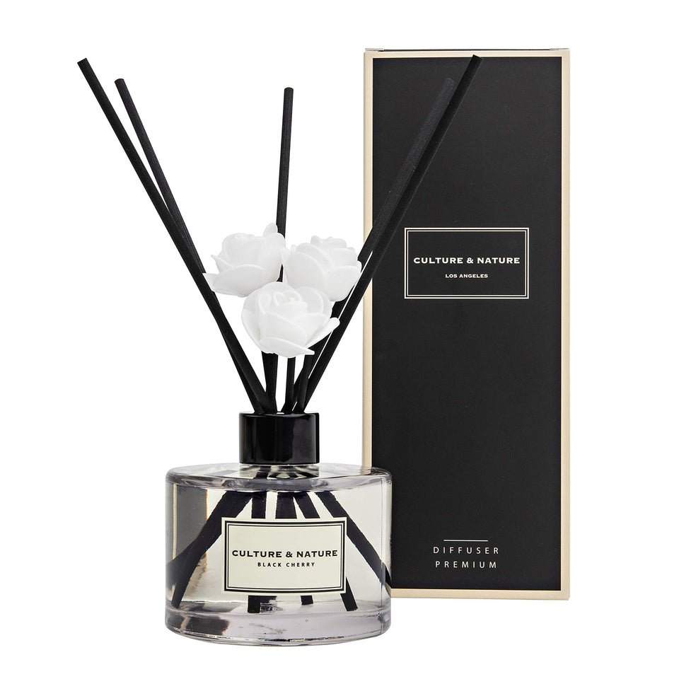 Culture & Nature reed diffuser bottle in black cherry scent adds lasting fragrance to any room.