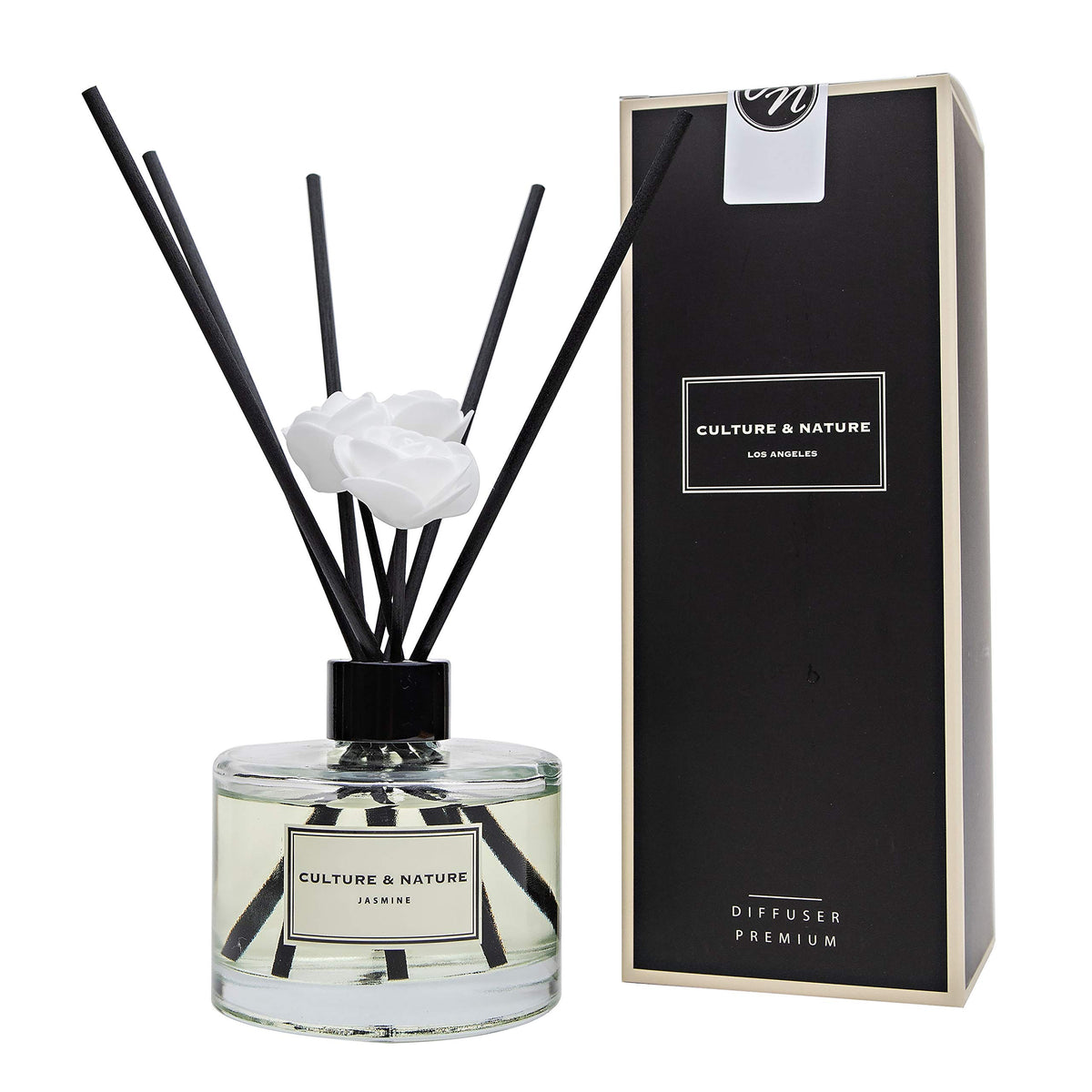 Culture & Nature Jasmine diffuser bottle showcases elegant design and long-lasting fragrance.