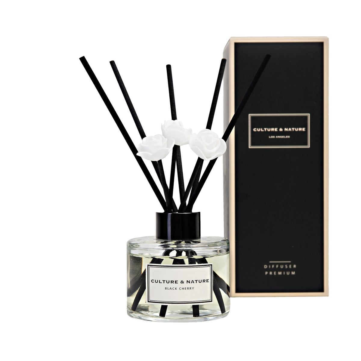 Culture & Nature reed diffuser bottle in black cherry provides lasting fragrance for living spaces.