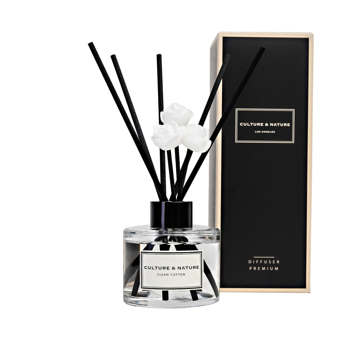Culture & Nature reed diffuser bottle with sticks, delivering a fresh, cotton-clean scent for home.
