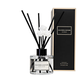 Culture & Nature reed diffuser bottle with sticks, delivering a fresh, cotton-clean scent for home.