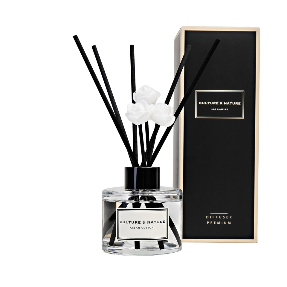 Culture & Nature reed diffuser bottle with sticks, delivering a fresh, cotton-clean scent for home.