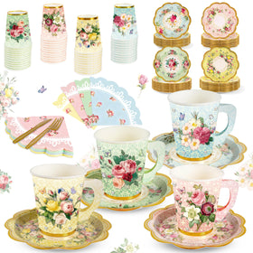 CUPLOOV floral tea cups with handles, ideal for easy serving at kids' parties.