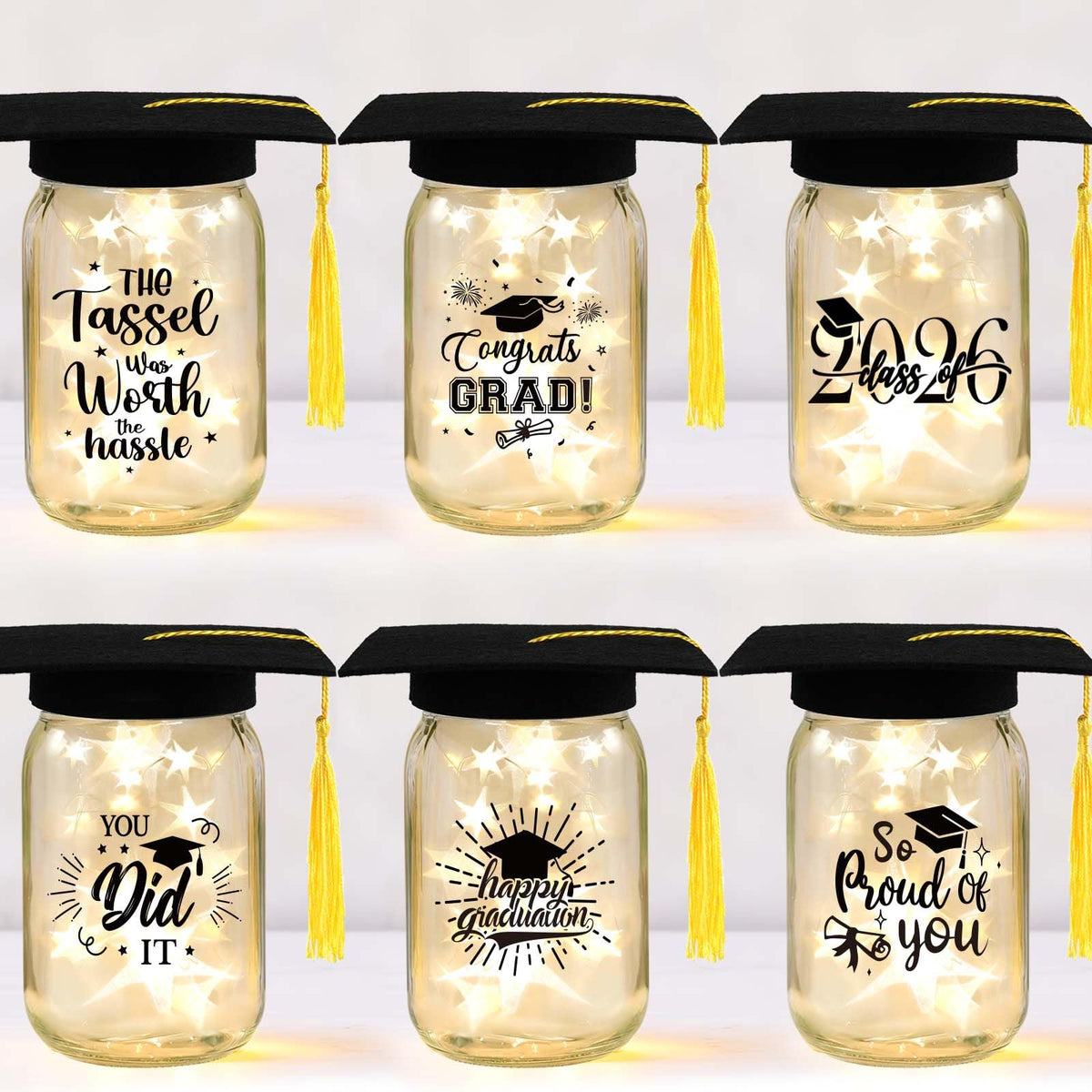 CUPLOOV glow mason jar centerpiece with cap offers a warm, inviting glow for graduation tables