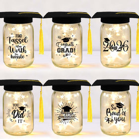 CUPLOOV glow mason jar centerpiece with cap offers a warm, inviting glow for graduation tables