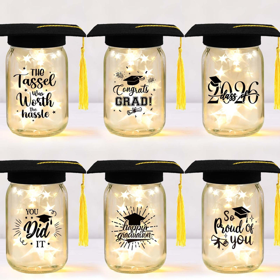 CUPLOOV glow mason jar centerpiece with cap offers a warm, inviting glow for graduation tables
