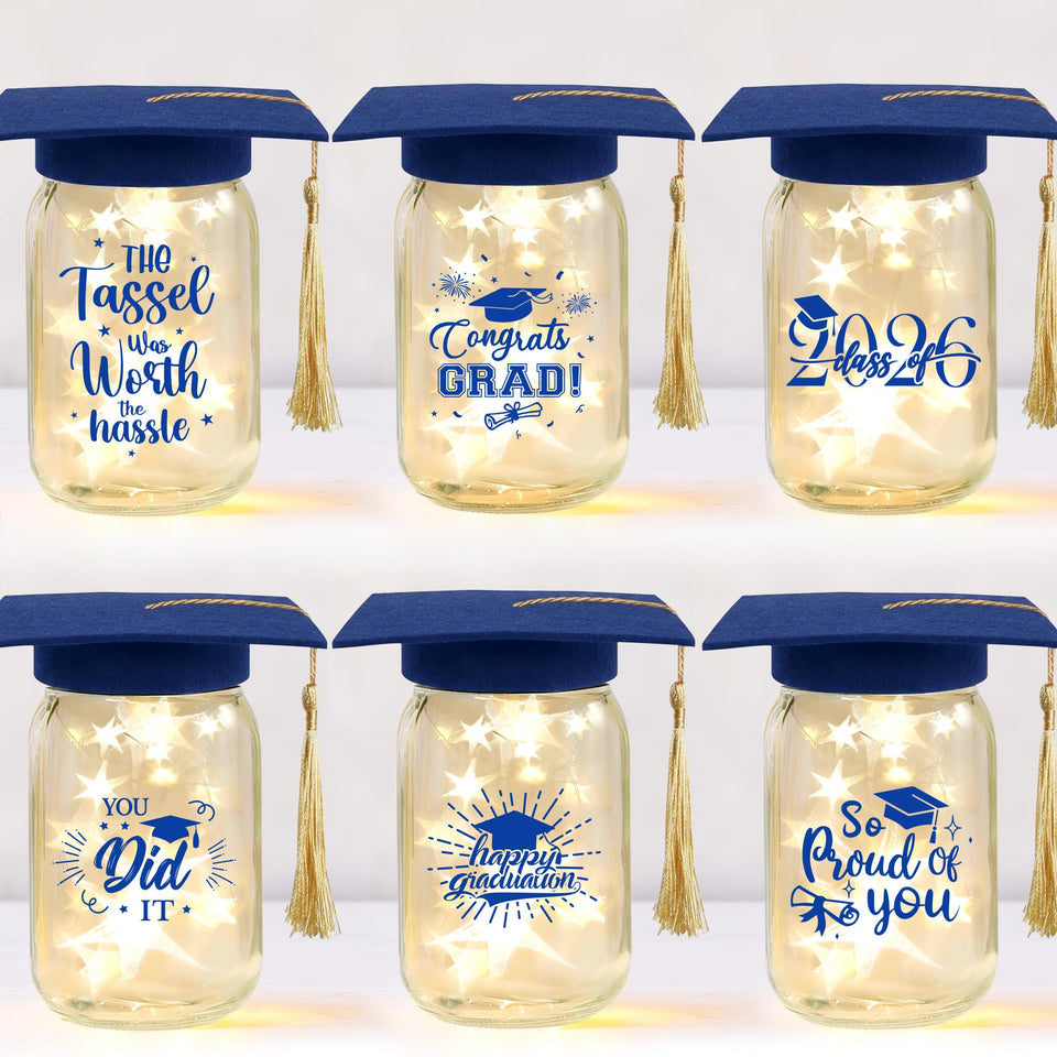 Cuploov glowing graduation mason jar set as a bright centerpiece with celebratory prints.