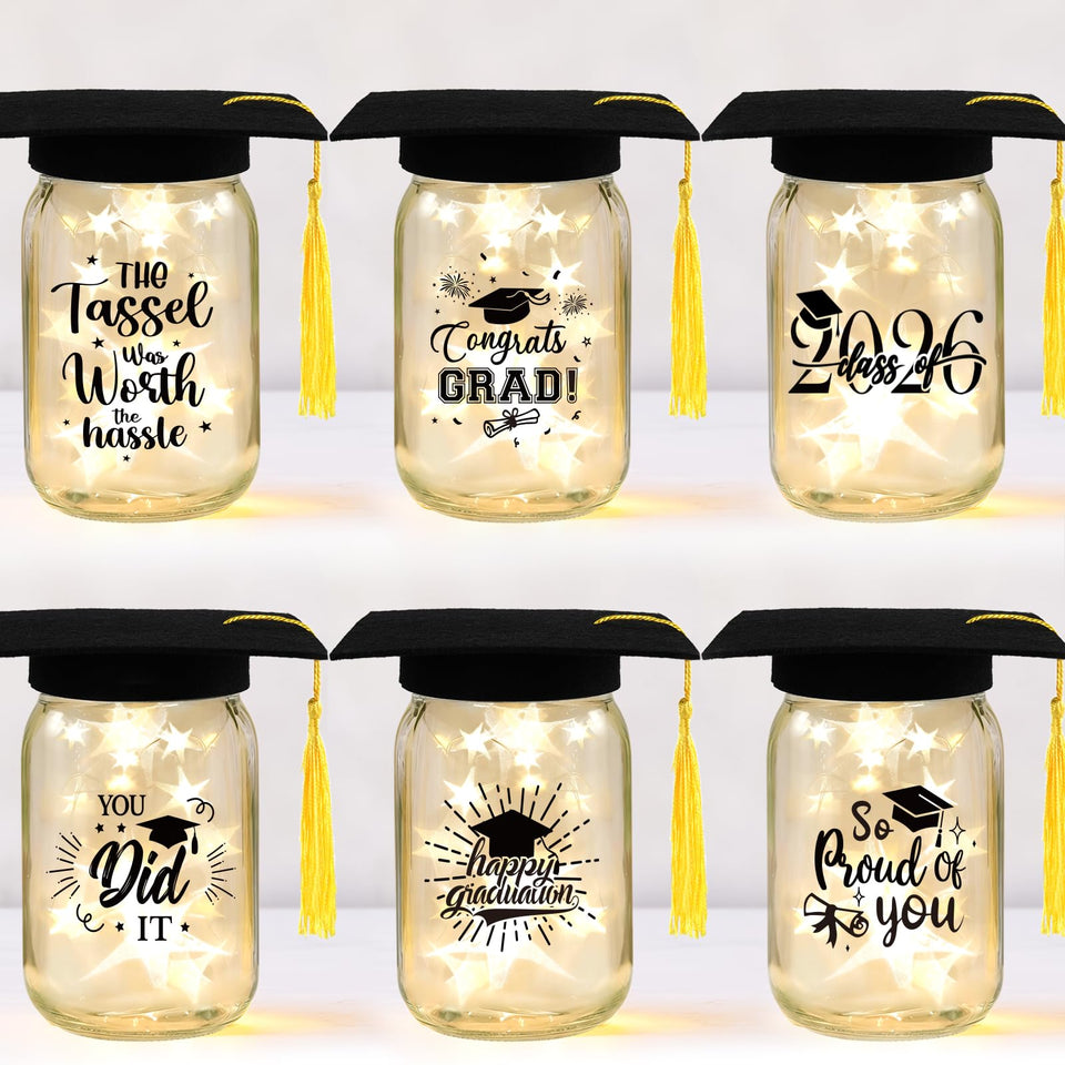 Cuploov graduation mason jar centerpiece with printed designs for festive table decor.