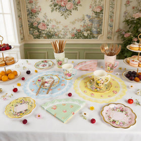 CUPLOOV tea party set on table, ideal for birthdays or bridal showers.