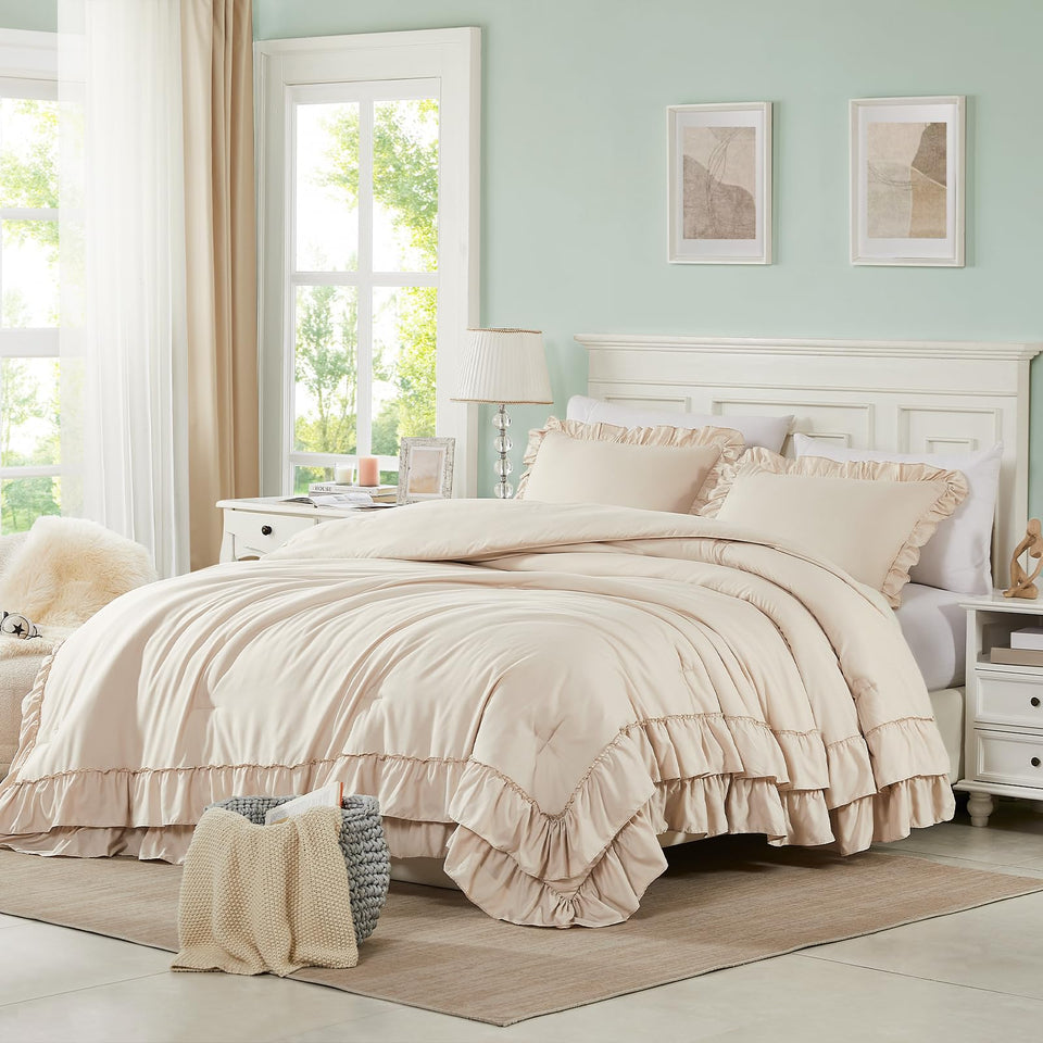 Cupocupa beige queen comforter with ruffle detail adds vintage farmhouse charm.