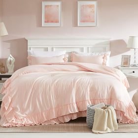 Cupocupa queen comforter with double ruffle hem adds vintage charm.