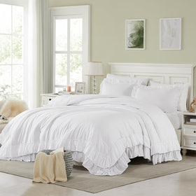 Cupocupa White Queen Comforter with ruffle detail highlights vintage farmhouse style.