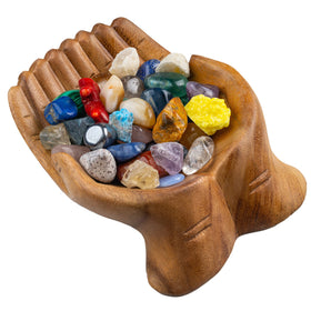 Curawood carved hands offering bowl crystal display in natural wood finish for showcasing crystals.