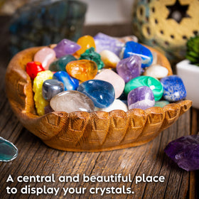 Curawood crystal holder wood bowl shows crystals neatly arranged and protected.