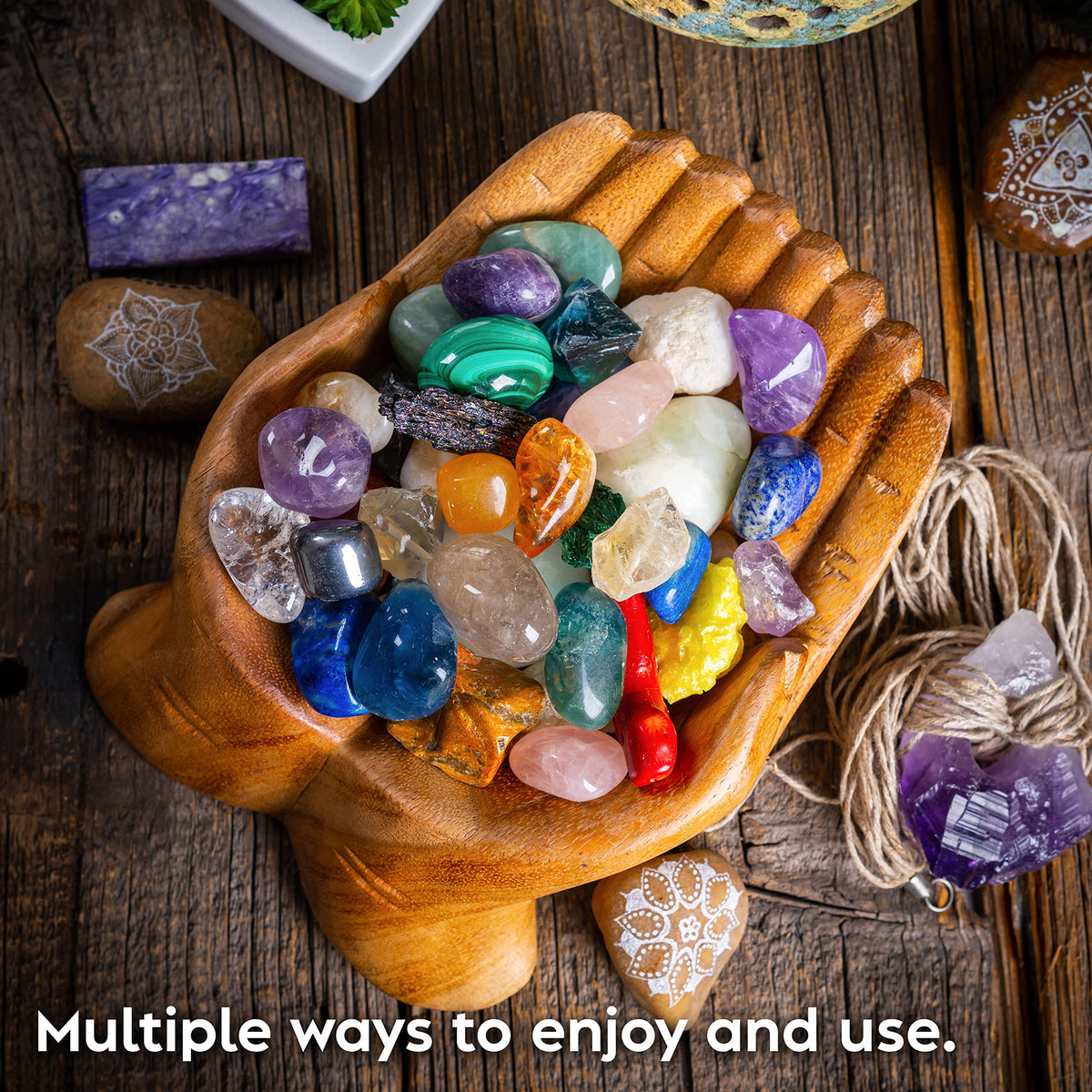 Curawood rock display stand highlights stones with natural grain and warm presence.