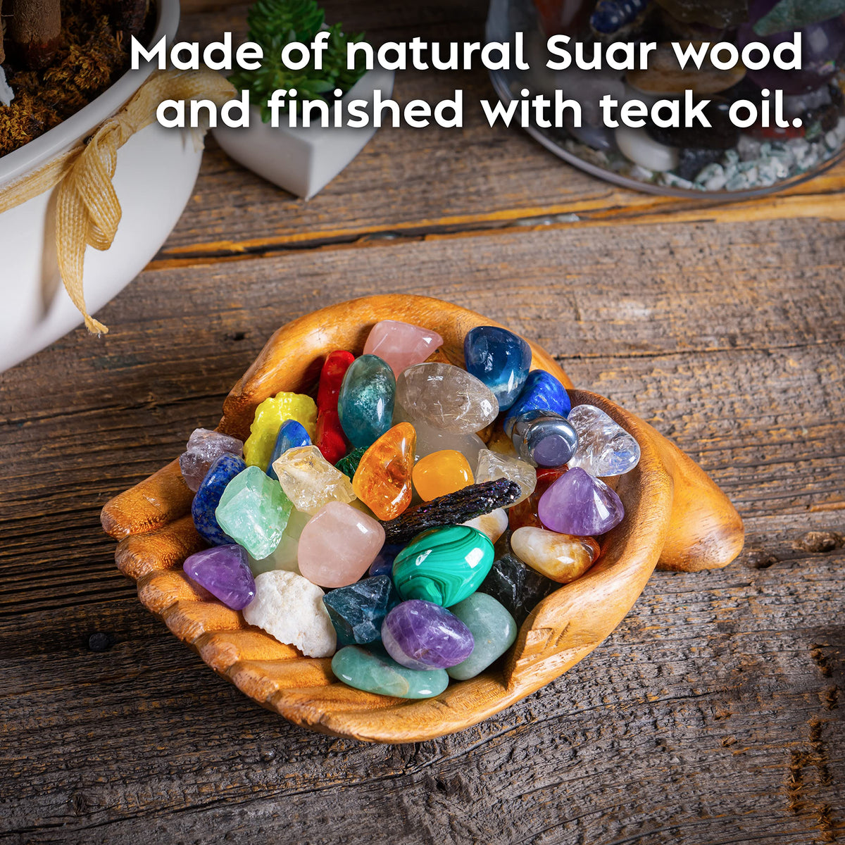 Curawood natural teak oil finish adds warmth and durability to display.