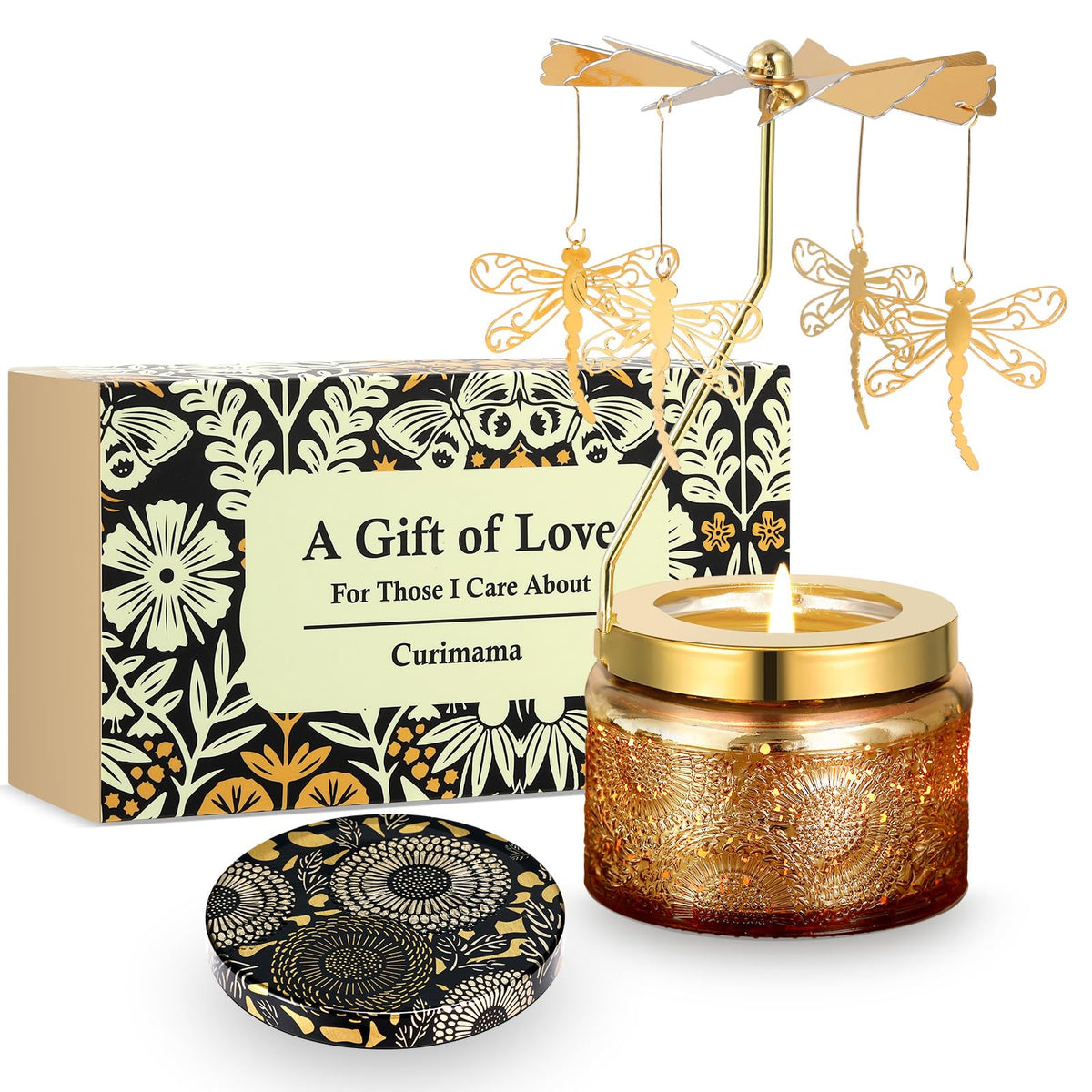 Curimama dragonfly candle jar showcases long-lasting aroma and warm glow.