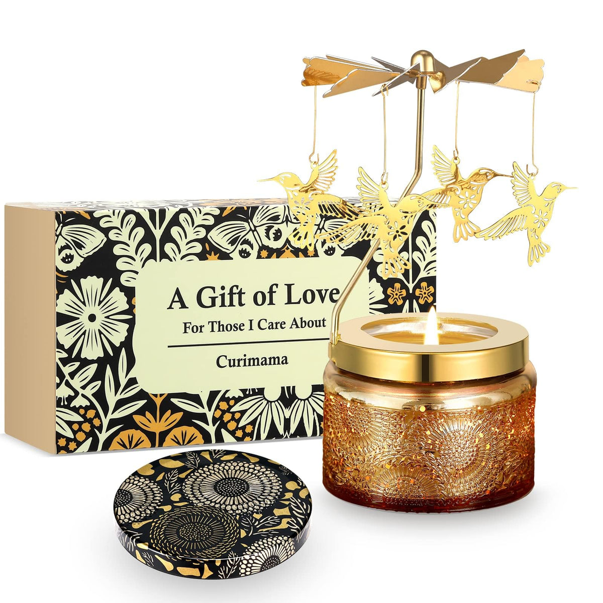 Curimama hummingbird-rotating candle jar enhances living room ambience with motion.