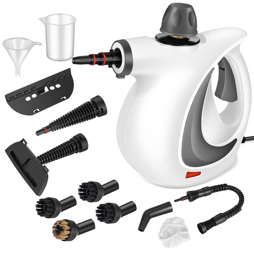 CURMEDI handheld steam cleaner front view with 12-piece accessory kit for versatility