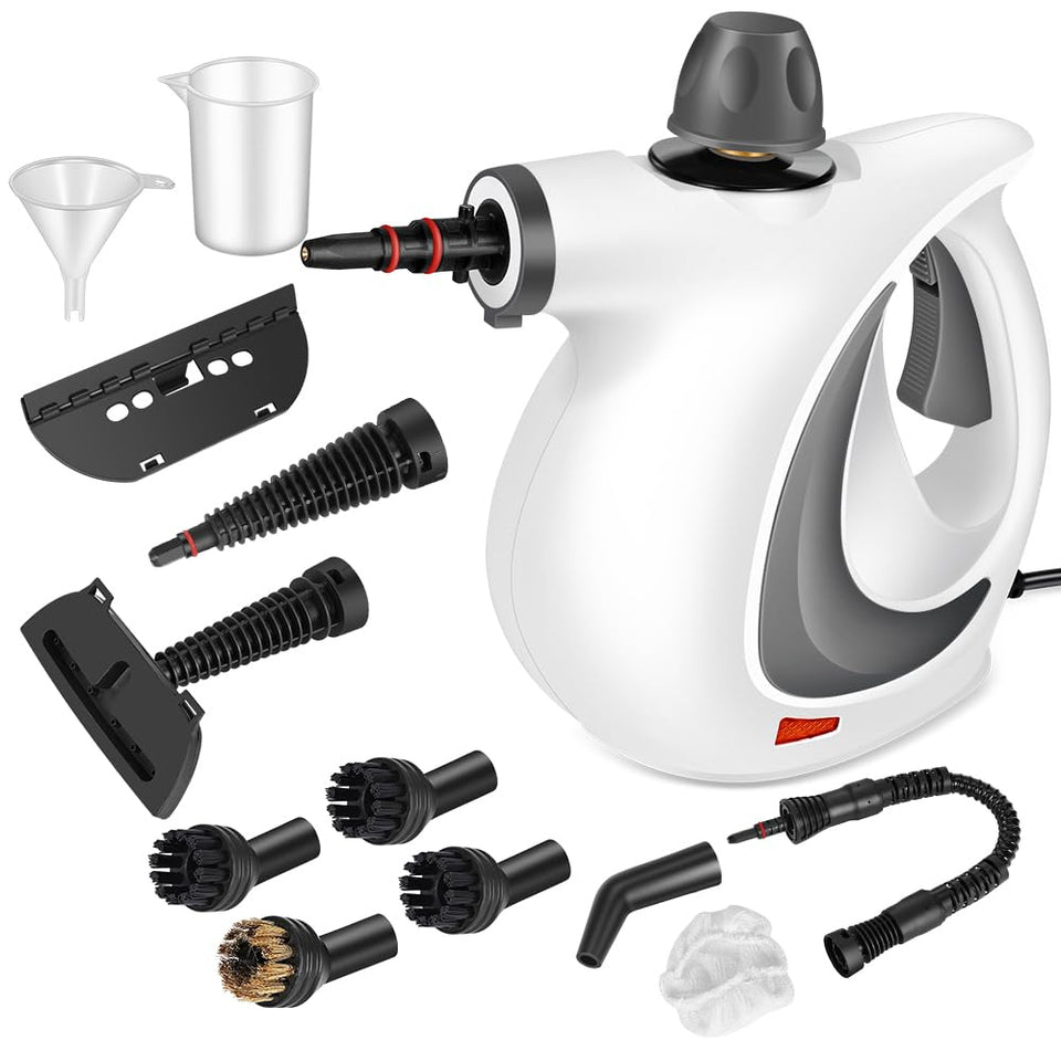 CURMEDI handheld steam cleaner front view with 12-piece accessory kit for versatility