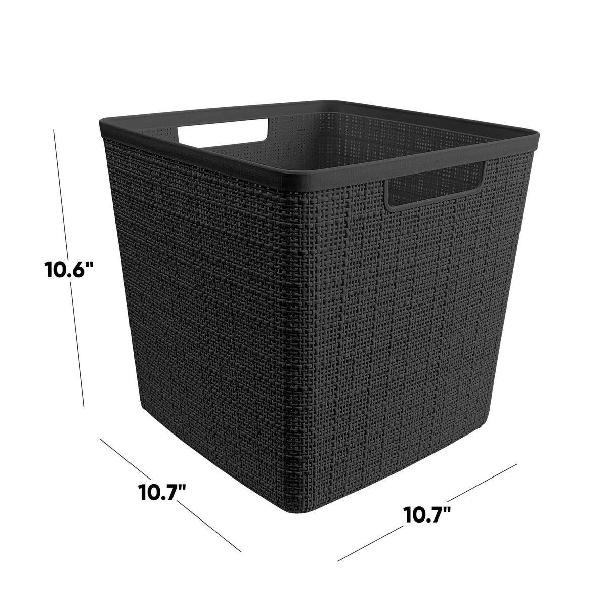 Curver jute cube basket side view complements shelves while staying durable
