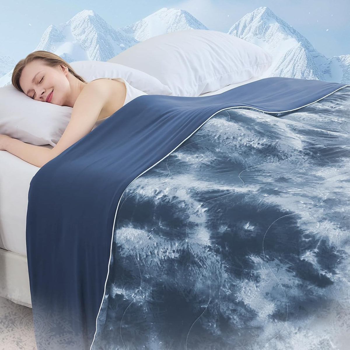 Cushious cooling comforter on bed demonstrates cooling design for hot sleepers.