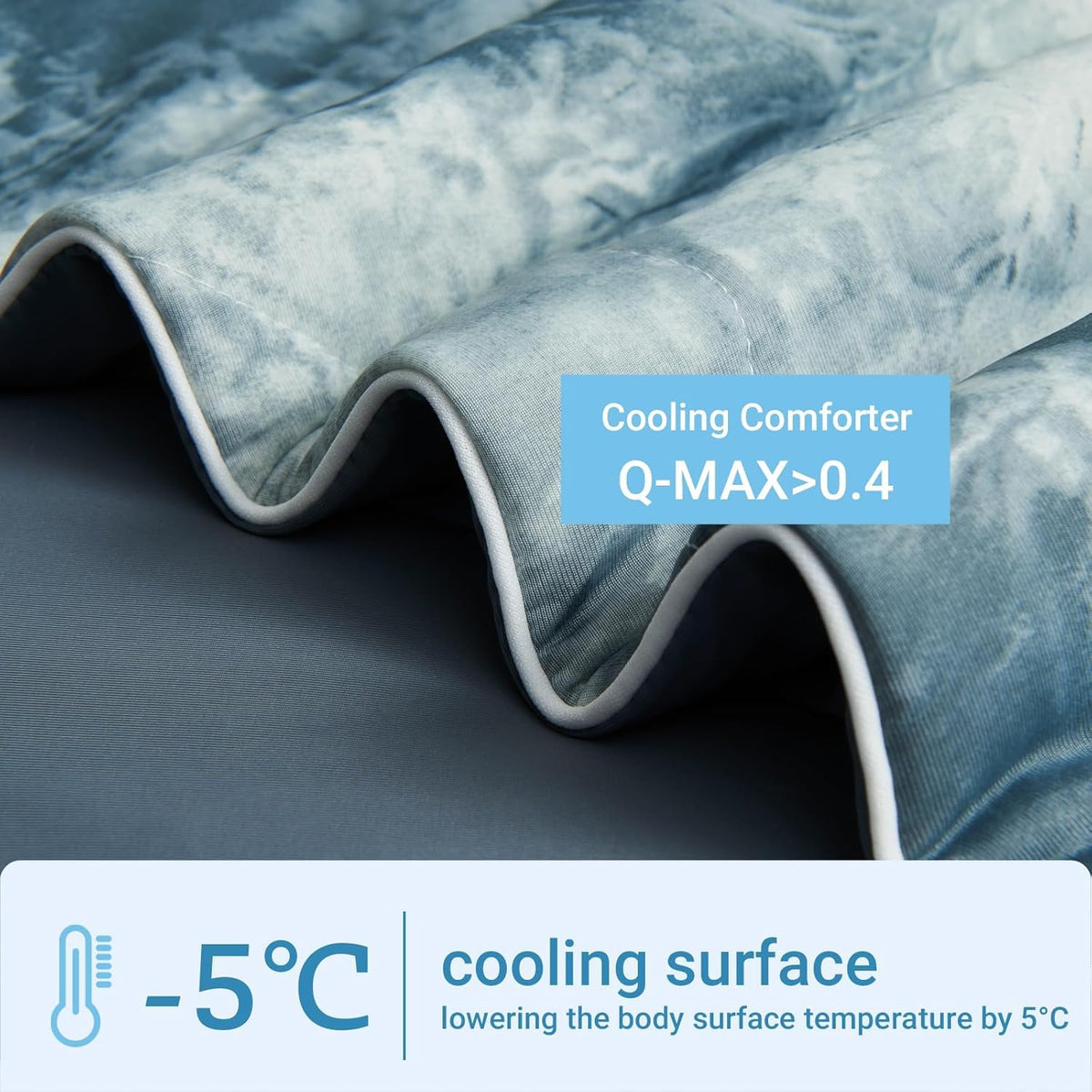 Cushious cooling comforter on bed with breathable surface and smooth feel.