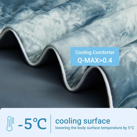 Cushious cooling comforter on bed with breathable surface and smooth feel.